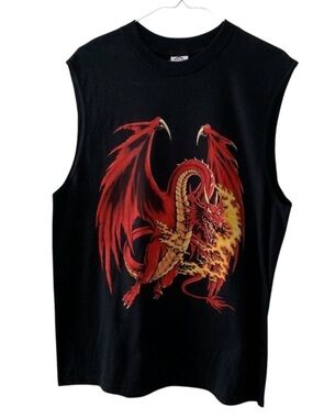 Vintage Mystical Red Dragon Muscle Tee Shirt Men L & XL Black Mythology Fantasy